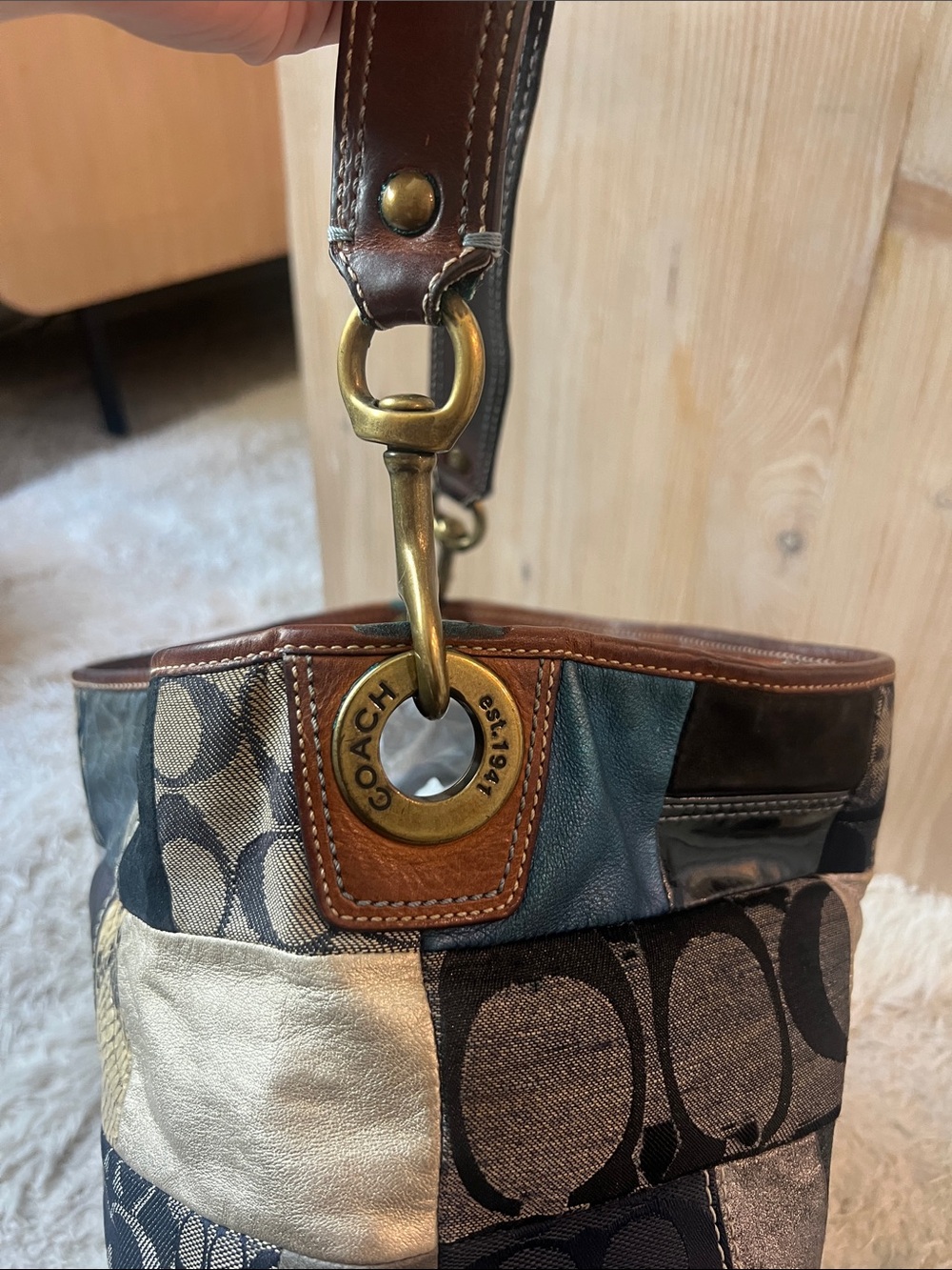 Coach Patchwork Vintage Y2K Shoulder Tote Bag Navy, Denim Metallic with Wristlet - Picture 7 of 17
